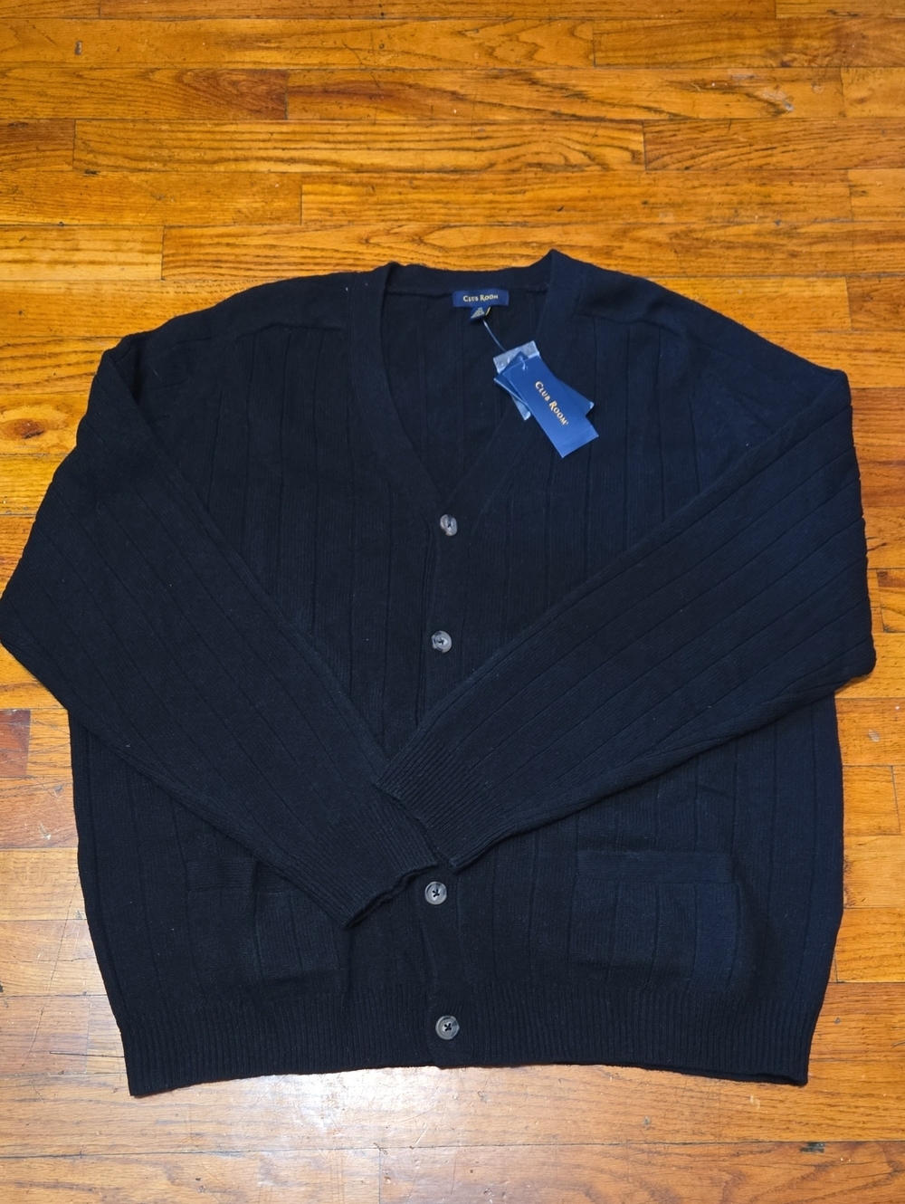 NWT- Club Room Men's Ribbed V-Neck 100% Merino Wool Cardigan Sweater Black- XL